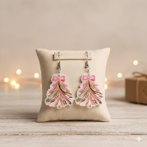 Festive Pink and Green Christmas Tree Earrings
